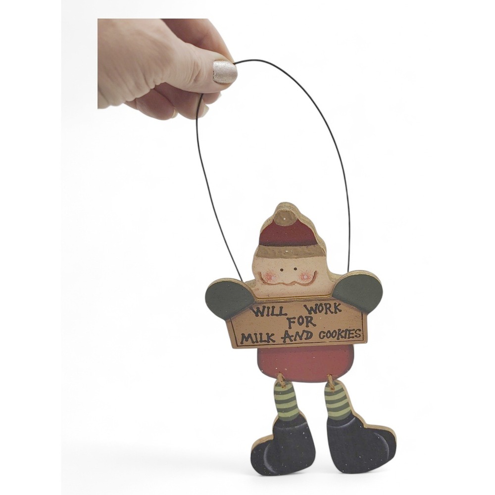 Wood Santa Hanging Sign "Will Work for Milk Cookies" Christmas Decor Cute
